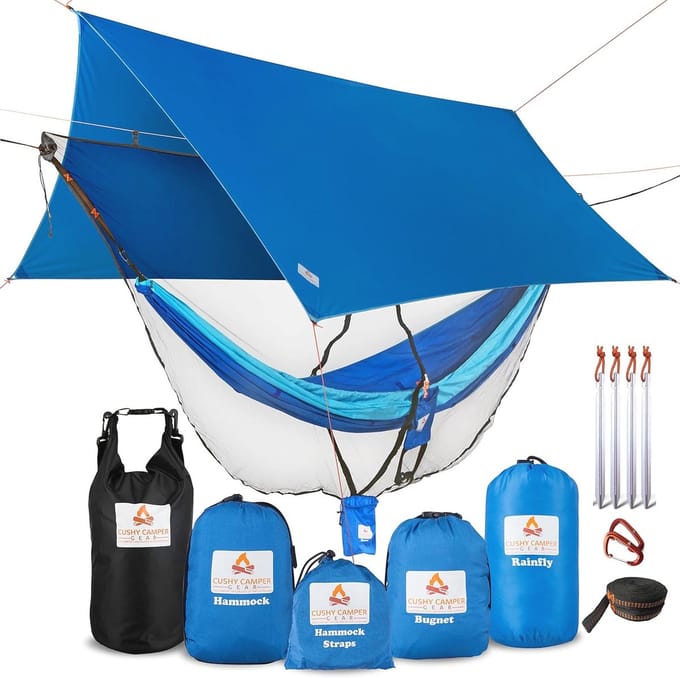 Premium hangmat met regenvlieg, insectennet en boombanden - compleet kampeerhangmatsysteem