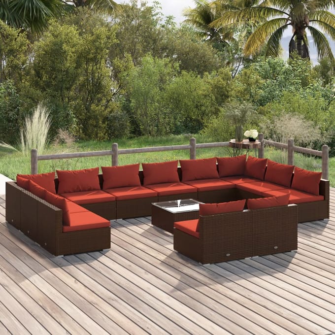 vidaXL - 13-delige - Loungeset - met - kussens - poly - rattan - bruin
