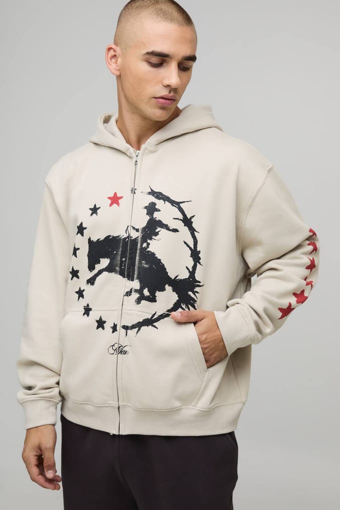 Stone Oversized Boxy Western Print Zip Through Hoodie | Size Medium