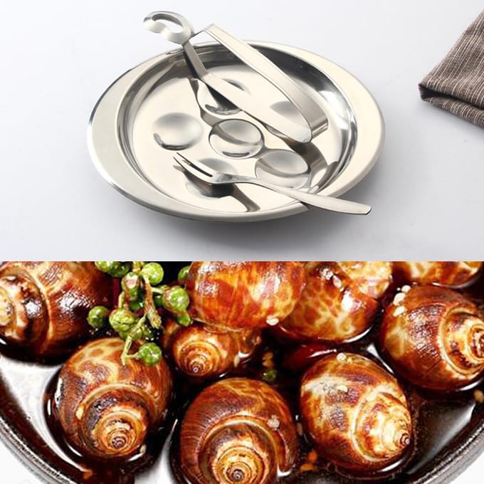 RVS Slakkenbordset Escargot Eetset 6 Compartimenten Slakkenborden met Tang en Vork white