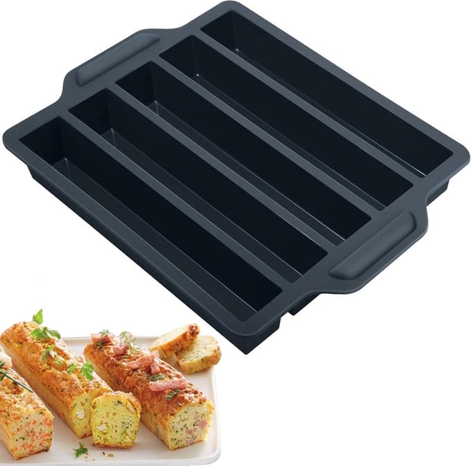 Siliconen Cakevorm met 5 Holes, Lang Rectangular Bakvorm voor Taarten, Gebak en Aperitiefs, Zwart Silicoon Mould