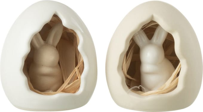 J-Line decoratie Konijn In Ei - porselein - wit/beige - small - 2 stuks