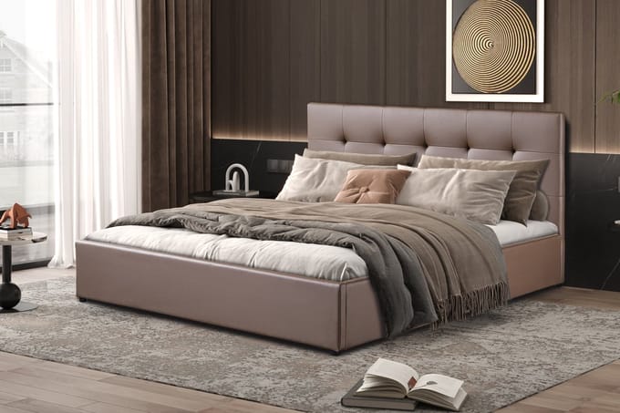 Interiax Morris Bed - Taupe PU leder - 160x200 cm - Inclusief Opbergkoffer