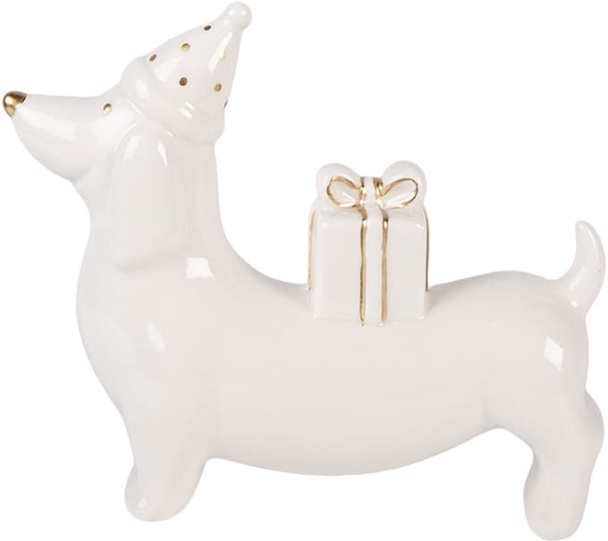 Clayre & Eef Kerstdecoratie Beeld Hond 15x4x13 cm Wit Porselein