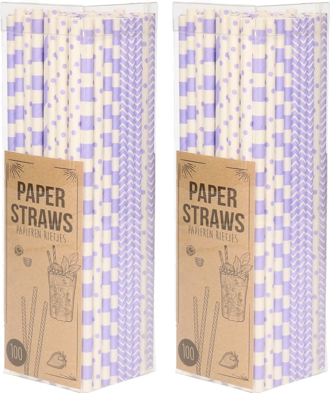 Excellent Houseware Papieren drinkrietjes - 200x - lila / paars - 20 cm