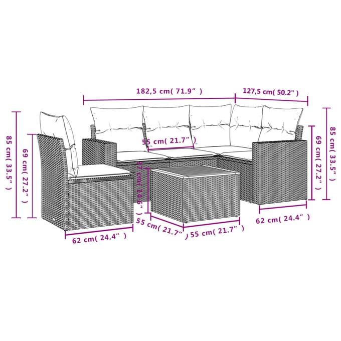 vidaXL - 6-delige - Loungeset - met - kussens - poly - rattan - beige