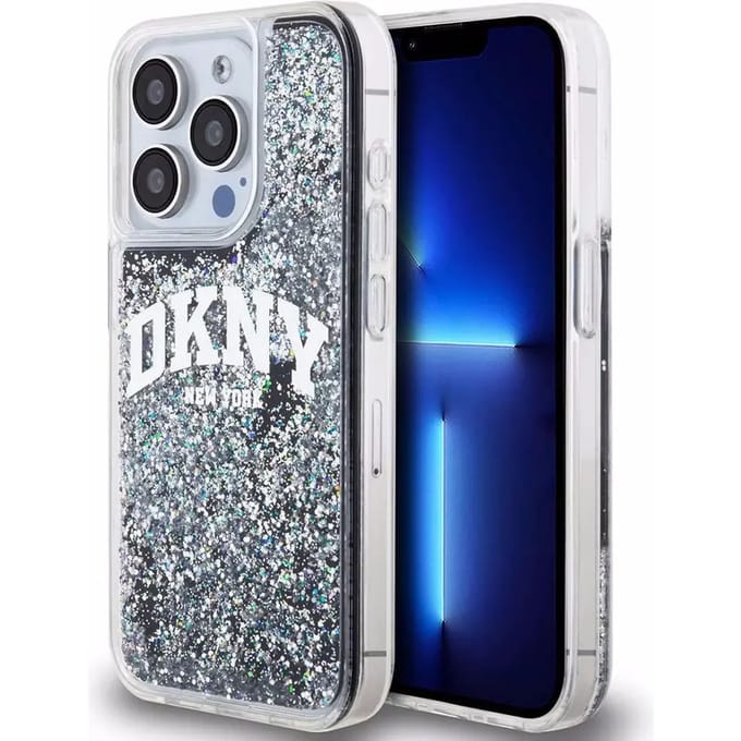 DKNY Liquid Glitter Arch Logo Back Case - Geschikt voor Apple iPhone 15 Pro (6.1") - Zwart/Zilver