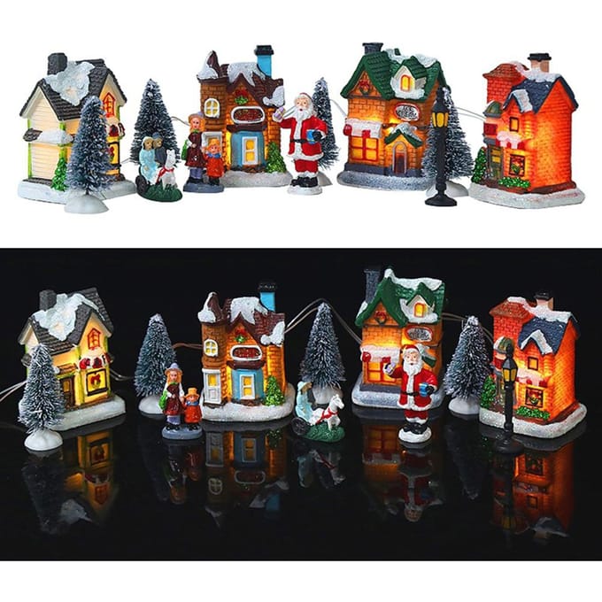 Kerstdorp Set Hars Kerstscène Dorp LED Verlichte Miniatuur Huizen Stad Kerst black