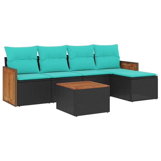 vidaXL - 6-delige - tuinbankset - met - kussens - van - zwart - polyrotan
