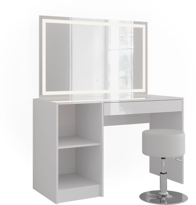 Vicco Kaptafel set met kruk Sherry, Wit/Wit Hoogglans, 119.8 cm met LED-spiegel en kruk
