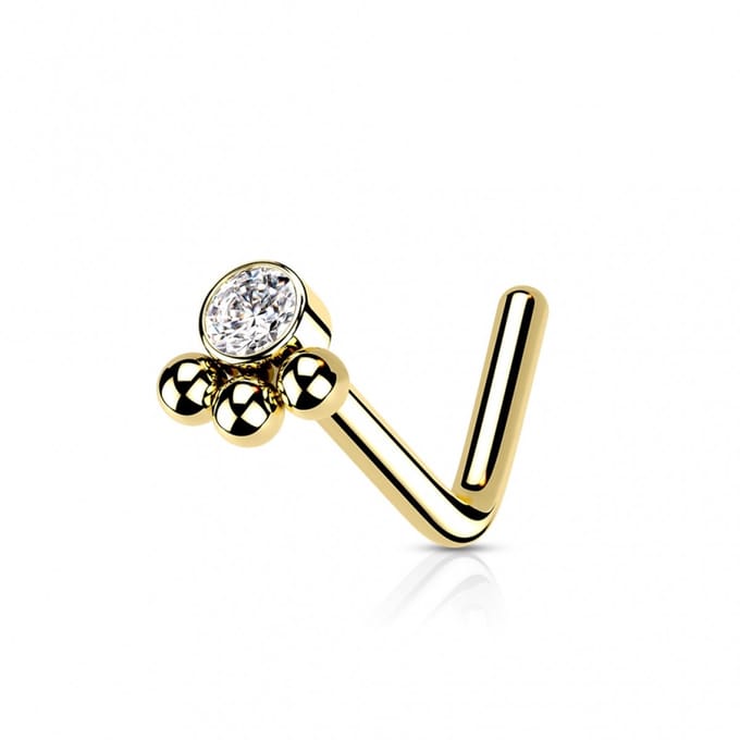 Neuspiercing PVD L-bend 3 Beaded Ball Cluster 0.8x6x3 - goud - LMPiercings
