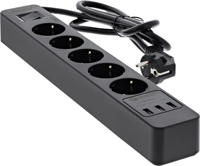 InLine stekkerdoos met 5 contacten en 3x USB - Quick Charge 3.0 / zwart - 1,5 meter