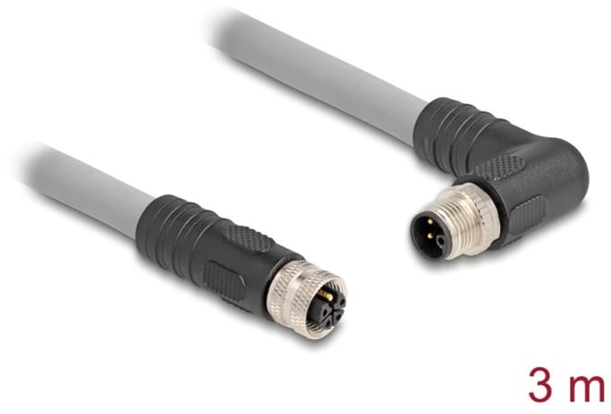 Delock M12 Cable L-coded 5 pin male right angled to female straight PUR suitable for drag chains 3 m grey