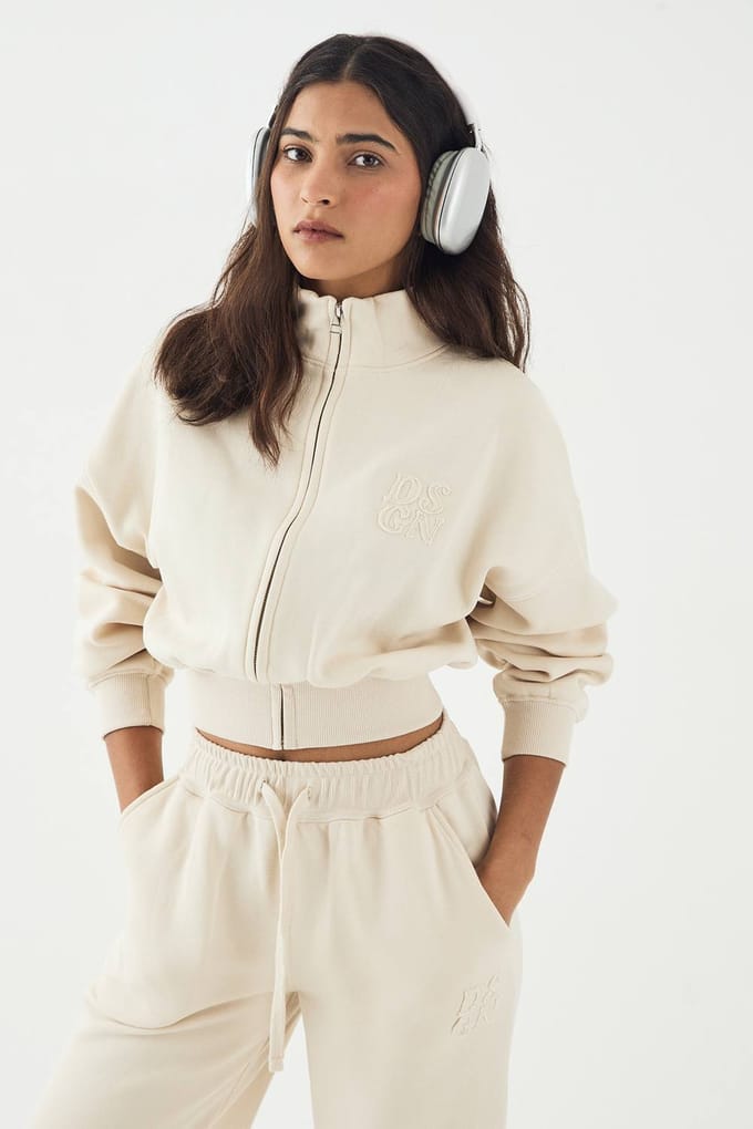 Dames DSGN Studio Zelfstof Applique Doorritssluiting Trechternek Sweatshirt | Steen | Maat: XL