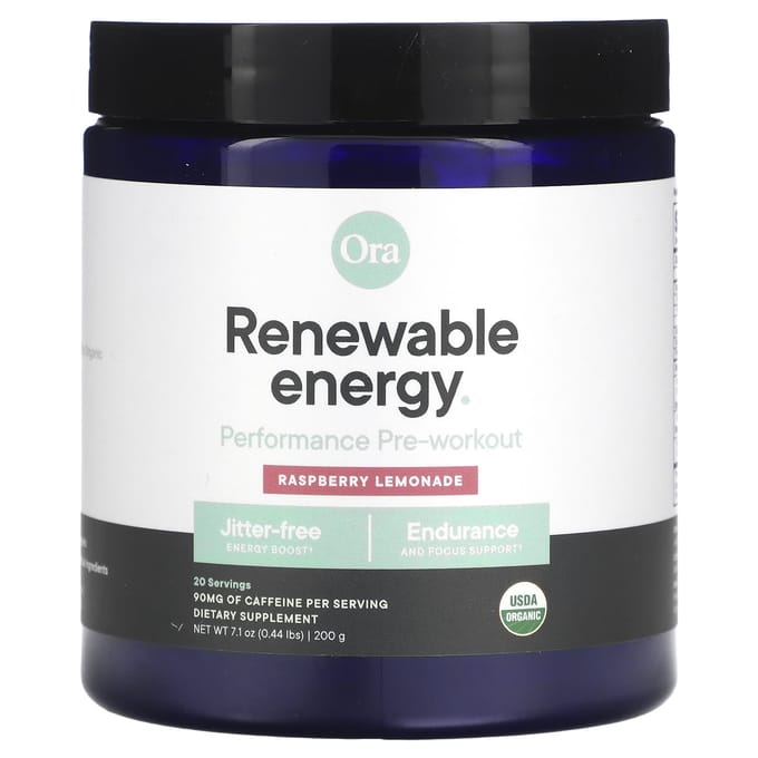 Ora, Hernieuwbare Energie, Pre-Workout Supplement, Frambozenlimonadesmaak, 7.1 oz (200 gram)