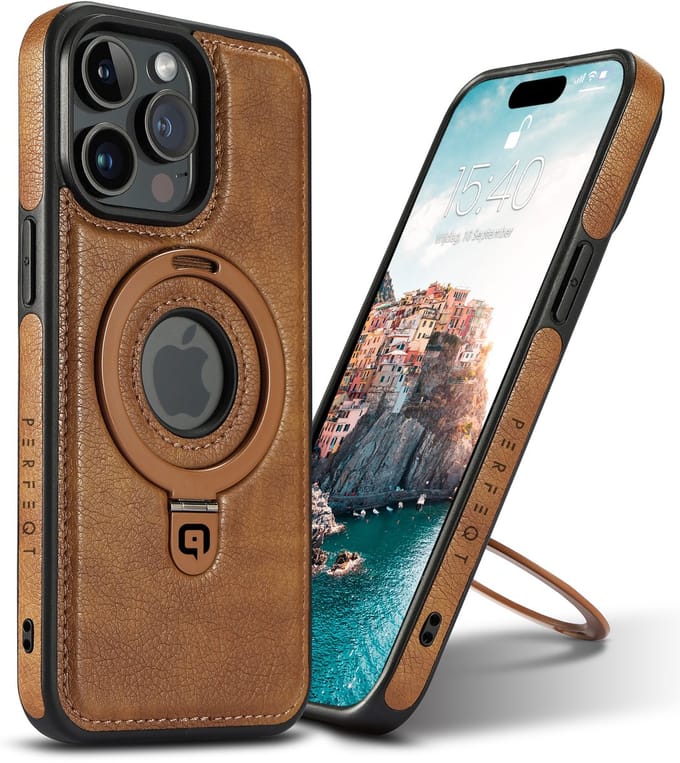 Perfeqt hoesje geschikt voor iPhone 15 Pro Max leren BackCover met Kickstand & Keyring houder - Brown