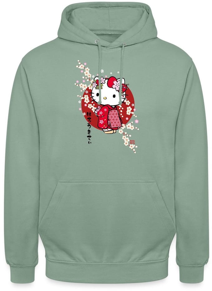 Hello Kitty In Een Rode Kimono En Kersenbloesems Hoodie Unisex