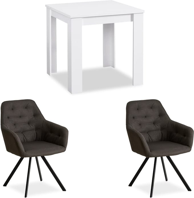 Homestyle4u Eethoeken - 80x80 cm - met 2 Stoelen - Antraciet - Eettafel Wit