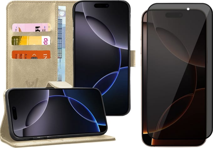Hoesje geschikt voor iPhone 16 Plus - Privacy Screenprotector Volledig Dekkend Glas - Portemonnee Book Case Goud