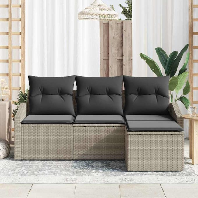 vidaXL Bankstel met kussen met opslag 4 pcs Lichtgrijs poly rattan