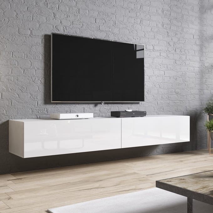Zwevend Tv-meubel Slide 2D 200 cm breed hoogglans wit