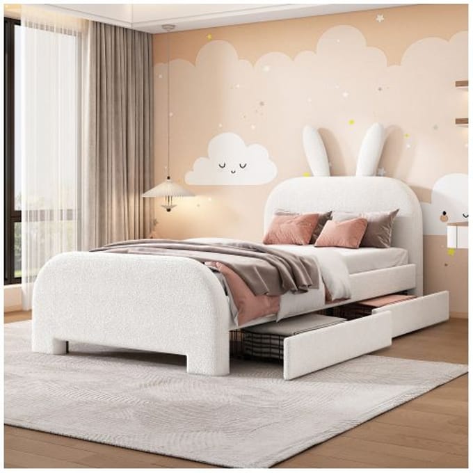 Kinderbed - MUVOE - 90x200cm - Gestoffeerd - Opberglades - Konijnendesign wit