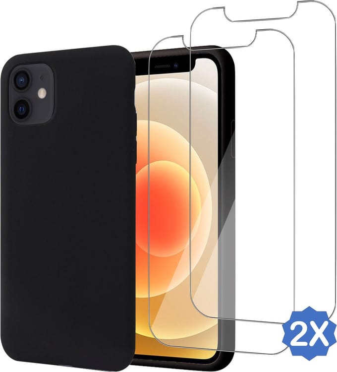 Geschikt voor iPhone 13 - Hoesje + 2x Screenprotector – Gehard Glas Cover - Suède Case Zwart