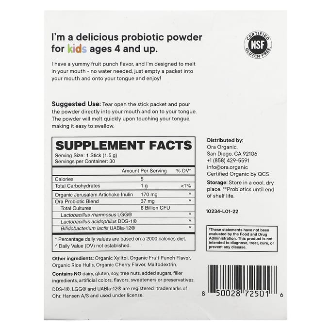 Ora, Trust Your Gut, Poudre Prébiotique + Probiotique Pixie, Enfants, Punch aux Fruits, 6 Milliards, 30 Sticks, 0,05 oz (1,5 g) Chaque