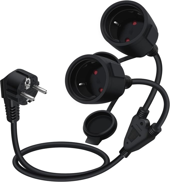 Dual Schuko Extension Cable with 2 Earthed Sockets, 16 A, 250 V, IP44 for Indoor and Outdoor Use
