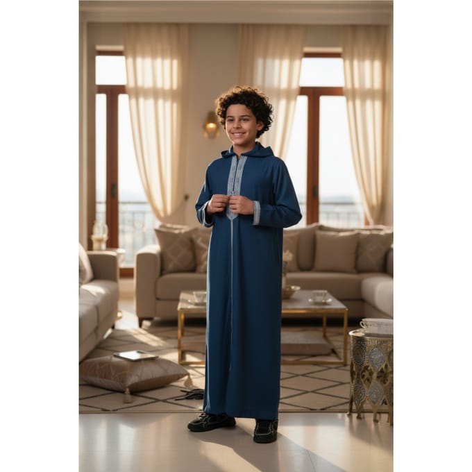 Kinderen jongens blauwe Eid Marokkaanse Thobe gewaad Djellaba Ramadan Jubba LFS-K-HM3 met capuchon