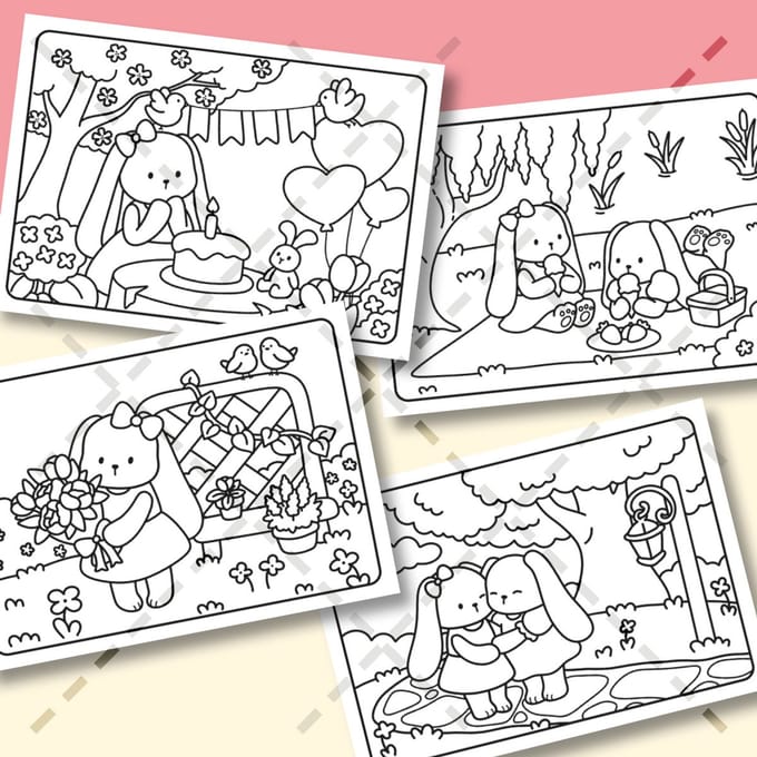 4 Inkleurbare wenskaarten met envelop - Konijnenvriendinnetjes