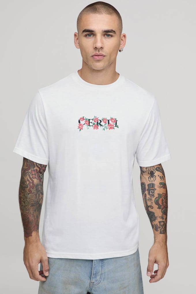 Regular T-shirt Met Geborduurd Bloemmotief Op De Borst | White | Size Medium