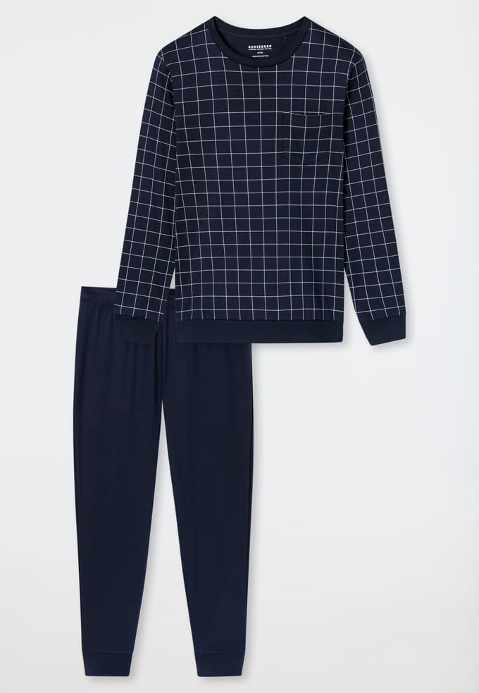 Lange pyjama van interlock met manchetten, nachtblauw geruit - Fine Interlock 48
