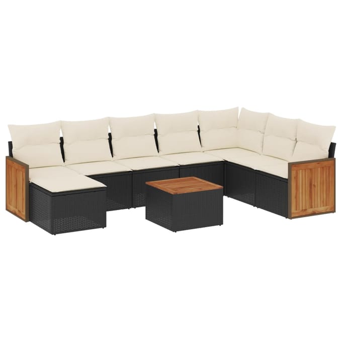 vidaXL - 9-delige - Loungeset - met - kussens - poly - rattan - zwart
