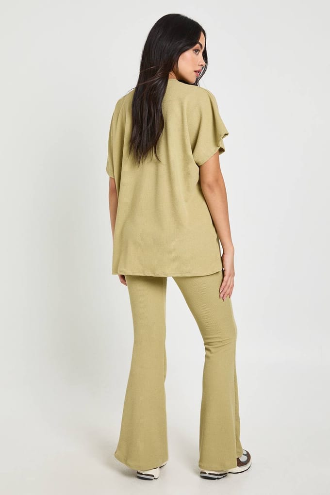 boohoo Dames Tweetonige Geribbelde Wijduitlopende Legging & Top Set | Sage | Maat: 8