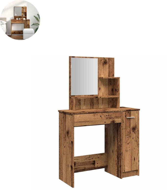 Kaptafel met spiegel - Make up tafel - Make up - Toilettafel - Met lades - Oud Hout