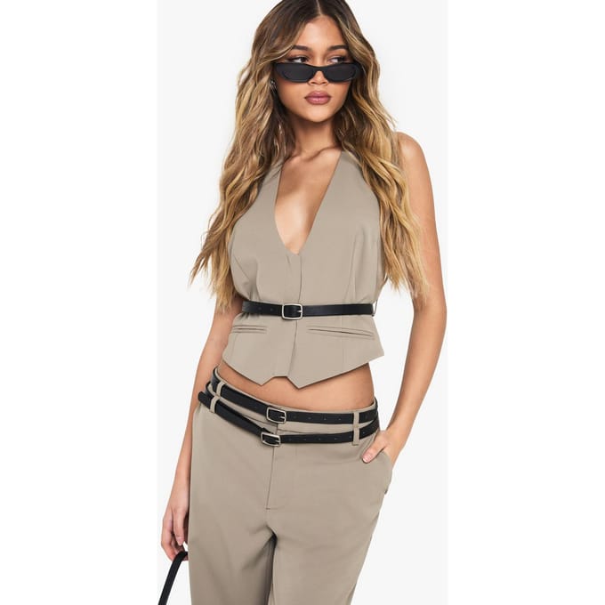 boohoo Dames Geweven Getailleerd Halterneck Vest met Ceintuur | Steen | Maat: 44