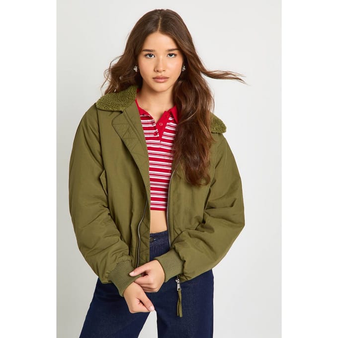 boohoo Dames Teddy-kragen Pufferjack | Khaki | Maat: 8