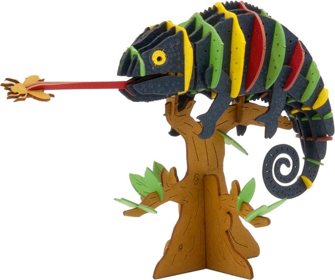 Fridolin 3D papieren model kleurrijke kameleon karton knutselpakket.