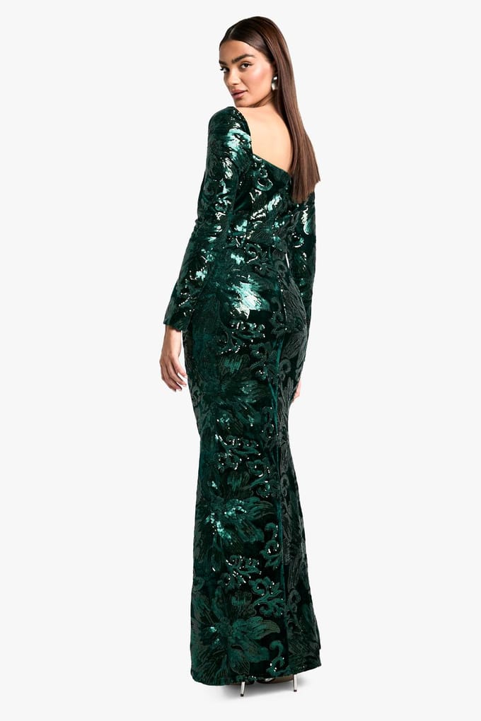 boohoo Dames Square Neck Demask Sequin Maxi Dress | Smaragdgroen | Maat: 36