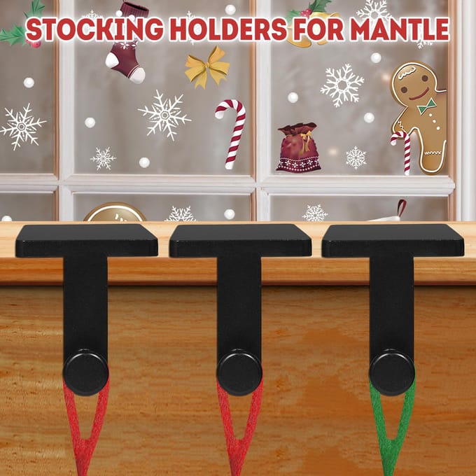 Kerstkousenhouders, schoorsteenmantelkousenhangers, zware kerstkousenhaken voor schoorsteenmantels zwart