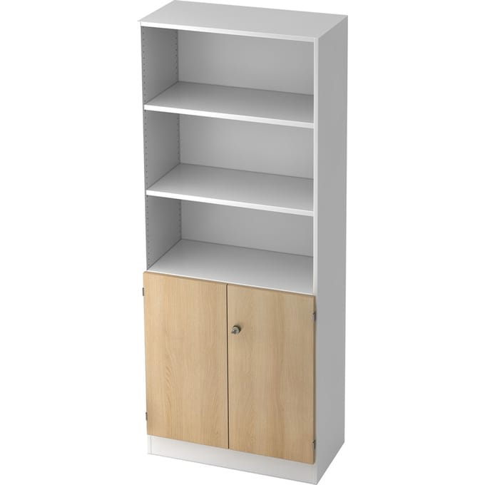 Combi-boekenkast, 5 OH, 3 open vakken + 2 afsluitbare deuren, B 800 x D 420 x 2004 mm, wit/eiken