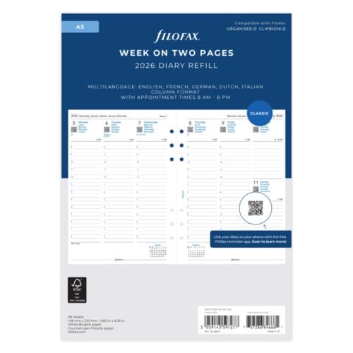 Filofax agendavulling 2026, formaat a5, 1 week per 2 pagina's in kolommen, kleur wit