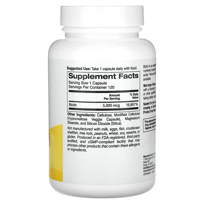 Super Nutrition, Biotine, 5 000 mcg, 120 Capsules Végétales