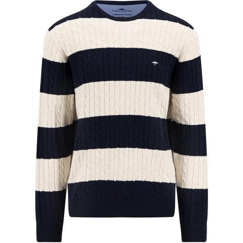 Fynch-Hatton Trui O-Neck Superfine Cotton Striped Cable Knit Navy-Off White / male