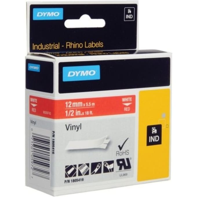 Labeltape dymo rhino industrieel vinyl 12mm wit op Rood