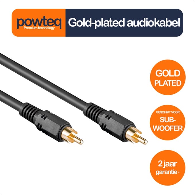 Powteq premium subwoofer kabel - 2 meter - Dubbel afgeschermd - Gold-plated - Extra stevig