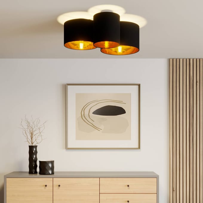 Lindby - plafondlamp - 3lichts - Stof, metaal - H: 25.5 cm - E27 - zwart, goud