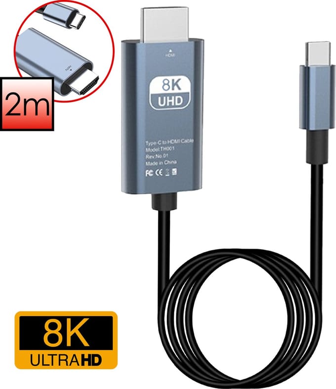 USB C naar HDMI - Kabel 60Hz 8K USB C naar HDMI Adapter 2 meter - Zwart
