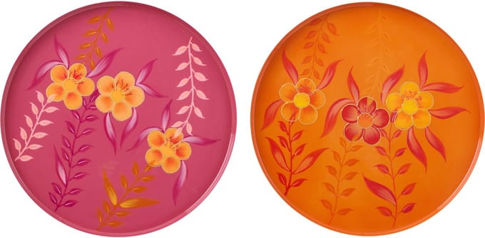 J-Line decoratie plateau Bloemen - metaal - roze/oranje - set van 2